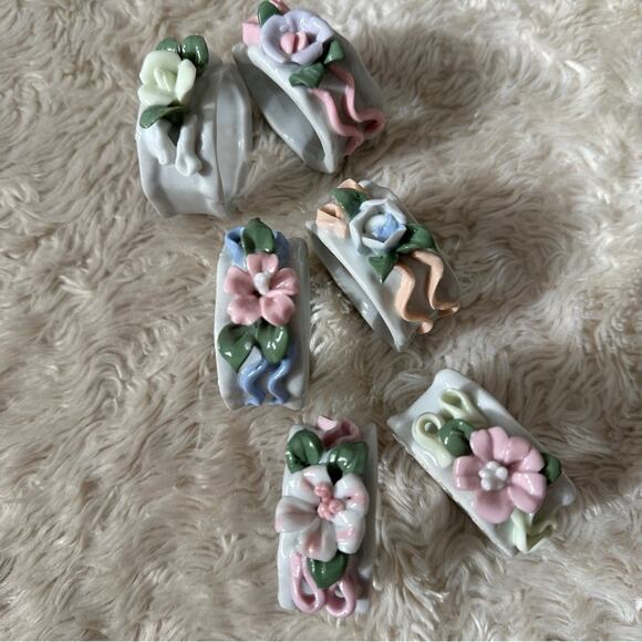 Set of Six Vintage Napkin Rings Pastel Floral Fine China Ceramic Pastel Garden - Picture 2 of 9